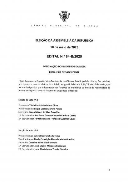 Edital CML 64B - Designação de Membros de Mesa - Eleições Legislativas 18 maio 2025