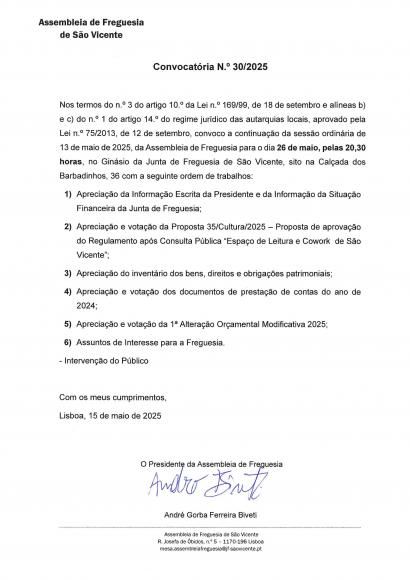  Assembleia de Freguesia de São Vicente - 26 de maio de 2025 (continuação)