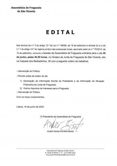 Assembleia de Freguesia - 30 de junho de 2025