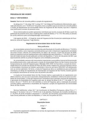 Aviso DRE N.&ordm; 20316/2026/2 - Consulta p&uacute;blica do Projeto de Regulamento da Universidade S&eacute;nior da Freguesia de S&atilde;o Vicente