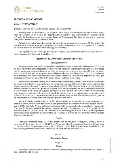 Aviso DRE N.&ordm; 20316/2026/2 - Consulta p&uacute;blica do Projeto de Regulamento da Universidade S&eacute;nior da Freguesia de S&atilde;o Vicente