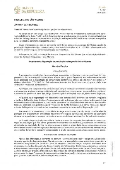 Aviso DRE N.&ordm; 20315/2026/2 - Consulta p&uacute;blica - Projeto de Regulamento da prote&ccedil;&atilde;o da popula&ccedil;&atilde;o na Freguesia de S&atilde;o Vicente