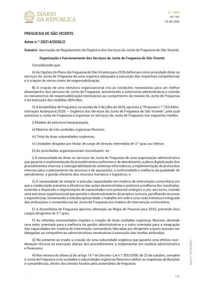 Aviso DRE N.&ordm; 20314/2026/2 - Aprova&ccedil;&atilde;o de Regulamento da Org&acirc;nica dos Servi&ccedil;os da Junta de Freguesia de S&atilde;o Vicente